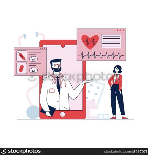 Medical support and treatment via smartphone. Online mobile medicine vector illustration. Online doctor consultation, assistance and pharmaceutics app concept for banner, or landing web page