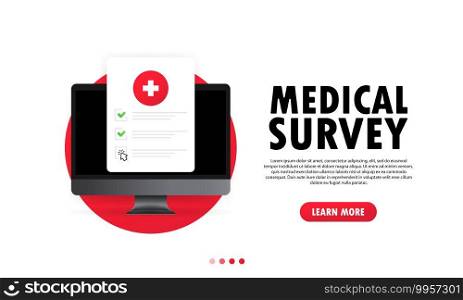 Medical survey illustration. Health medical document check up list online on computer. Checklist test results. Life insurance or healthcare concept. Vector on isolated white background. EPS 10.. Medical survey illustration. Health medical document check up list online on computer. Checklist test results. Life insurance or healthcare concept. Vector on isolated white background. EPS 10
