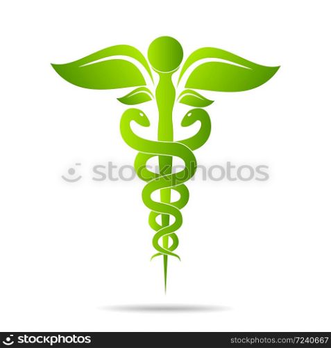 Medical symbol created using snakes and green leaves, Caduceus symbol. Healthy lifestyle is strong heart, vector abstract illustration