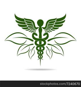 Medical symbol created using snakes and green leaves, Caduceus symbol. Healthy lifestyle is strong heart, vector abstract illustration