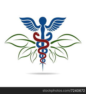 Medical symbol created using snakes and green leaves, Caduceus symbol. Healthy lifestyle is strong heart, vector abstract illustration