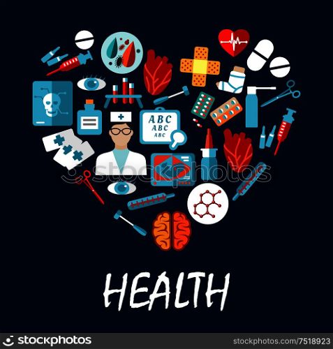 Medical symbols infographic poster in heart shape. Vector icons of health care equipment syringe, scalpel, nurse, pill, tooth, x-ray, stethoscope, ambulance, blood, capsule ointment. Medical symbols poster in heart shape