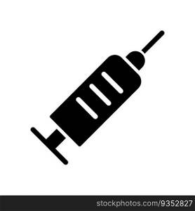 Medical syringe black glyph icon. Vaccine. Medication dosage. Liquid medicine injection. Immunization. Silhouette symbol on white space. Solid pictogram. Vector isolated illustration. Medical syringe black glyph icon