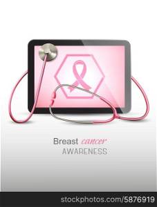 Medical tablet with breast cancer awareness symbol and a stethoscope. Vector.