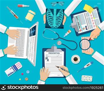Medical team doctors at desktop. Diagnostic medical equipment. Medical healthcare concept. Teamwork of doctors. vector illustration in flat style. Medical team doctors at desktop.