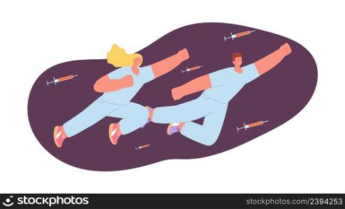 Medical team flying with syringes. Cartoon flat doctors or nurses, hospital professionals in uniform. Flu and epidemic prevention, vaccination vector concept. Illustration of medical team with syringe. Medical team flying with syringes. Cartoon flat doctors or nurses, hospital professionals in uniform. Flu and epidemic prevention, vaccination vector concept