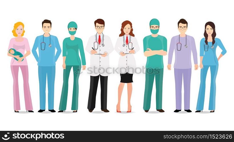 Medical team isolated on white, Set of hospital medical staff, Doctors, nurses and surgeon, Healthcare and medical concept, cartoon character Vector Illustration.