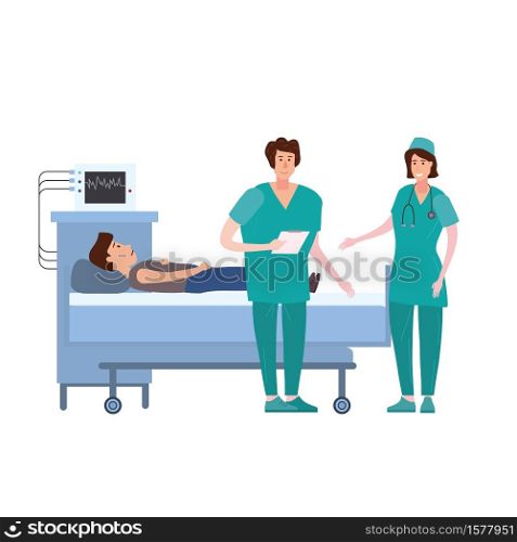 Medical team nurse and doctor consulting patient in a medical bed. Medical team nurse and doctor consulting patient young men in a medical bed the hospital room. Hospitalization of the patient. Medicine and healthcare concept. Vector illustration flat cartoon character