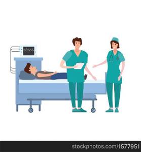 Medical team nurse and doctor consulting patient in a medical bed. Medical team nurse and doctor consulting patient young men in a medical bed the hospital room. Hospitalization of the patient. Medicine and healthcare concept. Vector illustration flat cartoon character