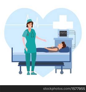 Medical team nurse consulting patient in a medical bed. Medical nurse consulting patient young men in a medical bed the hospital room. Hospitalization of the patient. Medicine and healthcare concept. Vector illustration flat cartoon character
