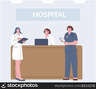 Medical team on reception. Hospital doctors and nurse. Cartoon healthcare workers, ambulance and clinic vector characters. Illustration of doctor hospital reception staff. Medical team on reception. Hospital doctors and nurse. Cartoon healthcare workers, ambulance and clinic vector characters