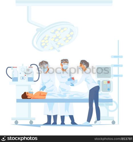 Medical Team Performing Surgical Operation in Modern Operating Room. Vector illustration of cartoon characters transplant human heart