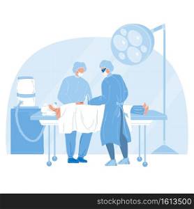 Medical Team Performing Surgical Operation Vector. Surgeon Doctor And Assistant Perform Operation. Characters Medicine Hospital Workers And Patient In Operating Room Flat Cartoon Illustration. Medical Team Performing Surgical Operation Vector