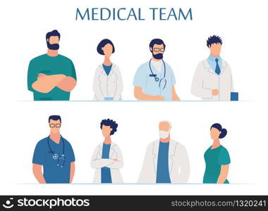 Medical Team Presentation for Clinic and Hospital. Professional Staff. Doctors, Practitioners, Nurses and Laboratory Assistants. Cartoon People Characters in Uniform. Vector Flat Illustration. Medical Team Presentation for Clinic and Hospital