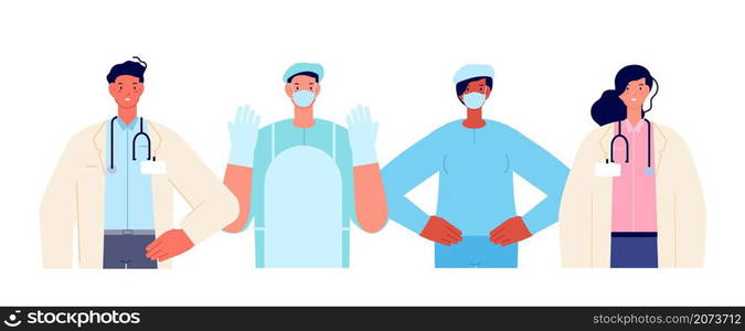 Medical team together. Healthcare workers, doctor hospital. Professional clinic nurse, health business career vector banner. Team hospital, medicine uniform teamwork, health and professional support. Medical team together. Healthcare workers, doctor working hospital. Flat professional clinic nurse, health business career utter vector banner