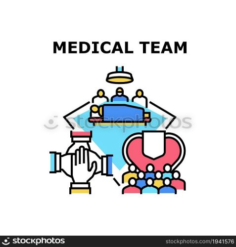 Medical Team Vector Icon Concept. Medical Team Hospital Workers Surgery Operating Patient, Doctor Conference Meeting And Clinic Staff. Scrub And Intern, Paramedic And Nurse Color Illustration. Medical Team Vector Concept Color Illustration