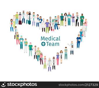 Medical team workers. Medical staff stands in shape of heart isolated on white background. Medical team workers
