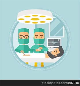 Medical team working in operation theater. Two caucasian surgeons performing operation in operating room. Surgeons doing operation. Vector flat design illustration in the circle isolated on background. Two surgeons making operation vector illustration.