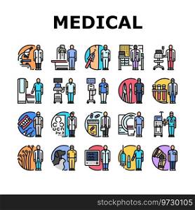 medical technician icons set vector. architect project, designer architecture, house plan, drawing creative, meeting medical technician color line illustrations. medical technician icons set vector