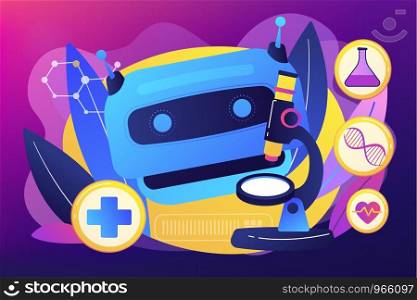 Medical technology, futuristic health diagnostics. AI in healthcare, AI drug discovery, AI diagnosis system, medicine of the future concept. Bright vibrant violet vector isolated illustration