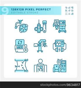 Medical technology pixel perfect light blue icons. Modern equipment. Health care center. Hospital devices. RGB color. Website icons set. Simple design element. Contour drawing. Line illustration. Medical technology pixel perfect light blue icons