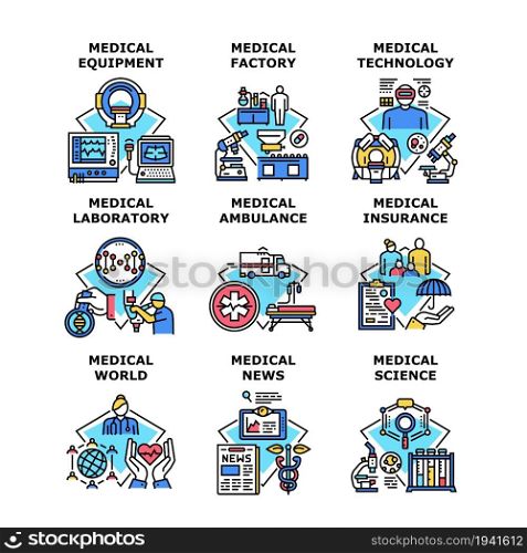 Medical Technology Set Icons Vector Illustrations. Laboratory Medical Technology And Science, World News And Insurance, Medicine Equipment Factory And Ambulance Color Illustrations. Medical Technology Set Icons Vector Illustrations