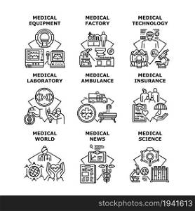 Medical Technology Set Icons Vector Illustrations. Laboratory Medical Technology And Science, World News And Insurance, Medicine Equipment Factory And Ambulance Black Illustration. Medical Technology Set Icons Vector Illustrations