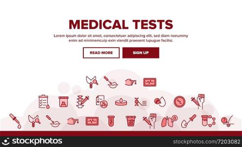 Medical Test Analysis Landing Web Page Header Banner Template Vector. Health Medical Test Blood And Sperm, Feces And Mucous Membrane, Cardiogram And Dna Illustrations. Medical Test Analysis Landing Header Vector