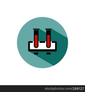 Medical test tubes icon with blood on a green circle. Flat vector illustration