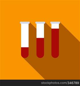 Medical test tubes with blood in holder icon in flat style on a yellow background. Medical test tubes with blood in holder icon