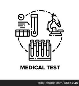 Medical Test Vector Icon Concept. Medical Laboratory Equipment For Researching Patient Analysis, Microscope And Flask. Medicine, Pharmaceutical, Scientific Research And Development Black Illustration. Medical Test Vector Concept Black Illustration