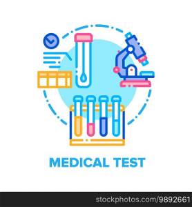 Medical Test Vector Icon Concept. Medical Laboratory Equipment For Researching Patient Analysis, Microscope And Flask. Medicine, Pharmaceutical, Scientific Research And Development Color Illustration. Medical Test Vector Concept Color Illustration