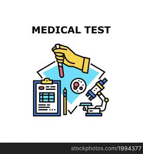 Medical Test Vector Icon Concept. Medical Test And Analyzing Blood With Microscope Laboratory Equipment, Researching And Reporting Patient Health. Testing Bloody Analysis Color Illustration. Medical Test Vector Concept Color Illustration