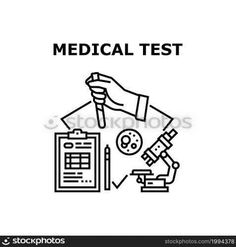 Medical Test Vector Icon Concept. Medical Test And Analyzing Blood With Microscope Laboratory Equipment, Researching And Reporting Patient Health. Testing Bloody Analysis Black Illustration. Medical Test Vector Concept Black Illustration