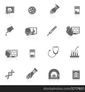 Medical tested health care black icons set with ultrasound x-ray phonendoscope isolated vector illustration