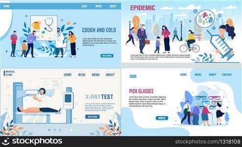 Medical Tests and Treatment Methods Landing Page Set. Cold, Flu and Infection with Cough Symptom. Protection from Epidemic. X-Ray Test and Pick Glasses Procedure. Vector Cartoon Illustration. Medical Tests Treatment Methods Landing Page Set