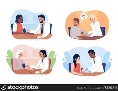Medical tests for patients 2D vector isolated illustrations set. Doctors and patients flat characters on cartoon background. Medicine colourful scene for mobile, website, presentation collection. Medical tests for patients 2D vector isolated illustrations set