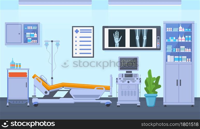 Medical therapy hospital healthcare equipment room interior. Intensive therapy room, clinic equipment interior vector illustration. Hospital emergency room interior, empty ward for recovery. Medical therapy hospital healthcare equipment room interior. Intensive therapy room, clinic equipment interior vector illustration. Hospital emergency room interior