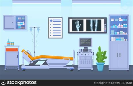 Medical therapy hospital healthcare equipment room interior. Intensive therapy room, clinic equipment interior vector illustration. Hospital emergency room interior, empty ward for recovery. Medical therapy hospital healthcare equipment room interior. Intensive therapy room, clinic equipment interior vector illustration. Hospital emergency room interior