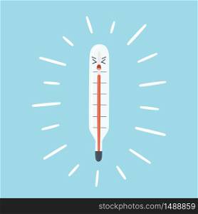 Medical thermometer shows high body temperature. Red column of the thermometer scale as symbol fever. Vector illustration in cartoon style. The burning medical thermometer as symbol fever and high temperature. Vector