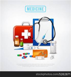 Medical Tools Kit Background. Medical realistic background with first aid box thermometer binaural stethoscope pills vials and syringe with text vector illustration