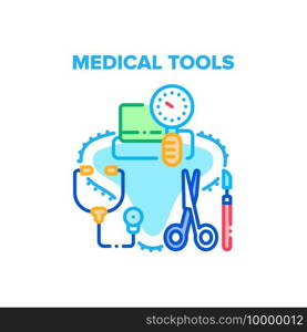 Medical Tools Vector Icon Concept. Stethoscope And Pressure Measuring Equipment, Scissors And Scalpel Surgery Medical Tools. Doctor Technology For Examination And Treatment Patient Color Illustration. Medical Tools Vector Concept Color Illustration