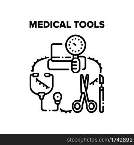 Medical Tools Vector Icon Concept. Stethoscope And Pressure Measuring Equipment, Scissors And Scalpel Surgery Medical Tools. Doctor Technology For Examination And Treatment Patient Black Illustration. Medical Tools Vector Black Illustrations