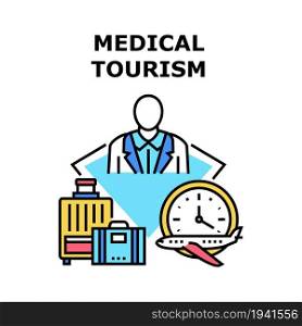 Medical Tourism Vector Icon Concept. Medical Tourism And International Insurance, Air Traveling For Checking Health And Treatment Disease. Traveler Healthcare And Journey Color Illustration. Medical Tourism Vector Concept Color Illustration