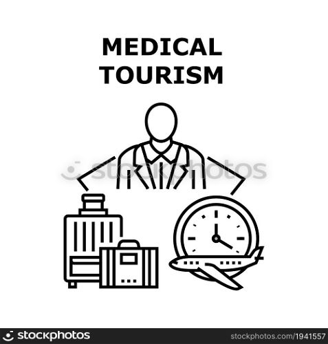 Medical Tourism Vector Icon Concept. Medical Tourism And International Insurance, Air Traveling For Checking Health And Treatment Disease. Traveler Healthcare And Journey Black Illustration. Medical Tourism Vector Concept Color Illustration