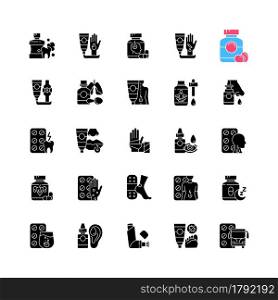 Medical treatment black glyph icons set on white space. Oral hygiene. Antibacterial ointments. Pain reliever. Improve health quality. Fast healing. Silhouette symbols. Vector isolated illustration. Medical treatment black glyph icons set on white space