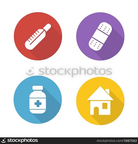 Medical treatment flat design icons set. Fever symbol with red thermometer. Bandaid and medication pills bottle. White silhouette illustrations on color circles. Vector infographics elements. Medical treatment flat design icons set