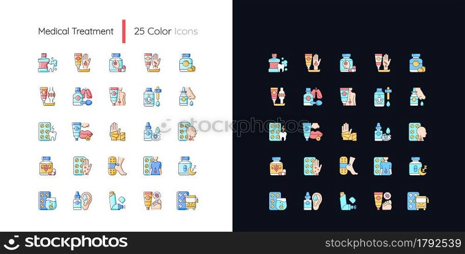 Medical treatment light and dark theme RGB color icons set. Oral hygiene. Antibacterial ointments. Isolated vector illustrations on white and black space. Simple filled line drawings pack. Medical treatment light and dark theme RGB color icons set
