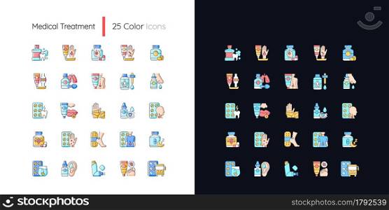 Medical treatment light and dark theme RGB color icons set. Oral hygiene. Antibacterial ointments. Isolated vector illustrations on white and black space. Simple filled line drawings pack. Medical treatment light and dark theme RGB color icons set