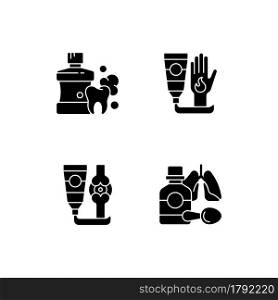 Medical treatment options black glyph icons set on white space. Mouthwash for oral health. Antibacterial cream. Arthritis treatment. Cough syrup. Silhouette symbols. Vector isolated illustration. Medical treatment options black glyph icons set on white space